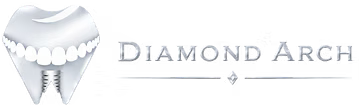 Diamond Arch logo — chrome tooth mark with smile arc and implant screw, Diamond Arch oral surgery Queens NY
