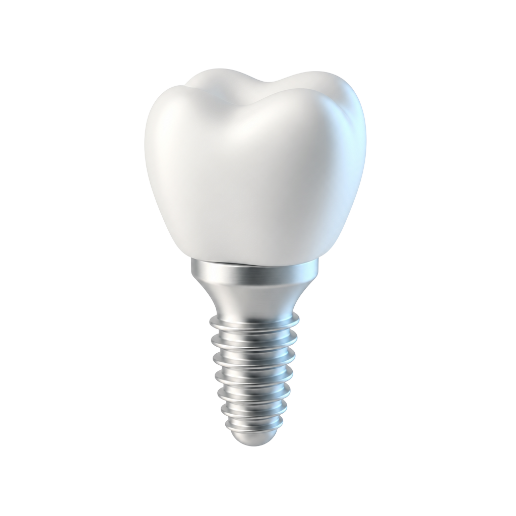 Stylized 3D illustration of a dental implant and crown, representing guided implant placement at Diamond Arch
